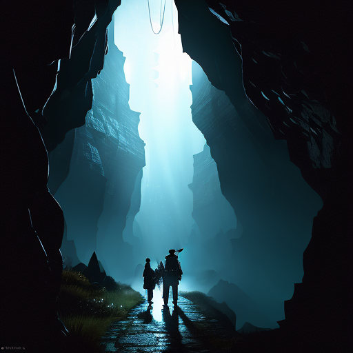 A suspenseful scene showing Holmes and Bilbo cautiously navigating a narrow, winding and dark pathway towards a massive, fiery cavern in the heart of the mountain.